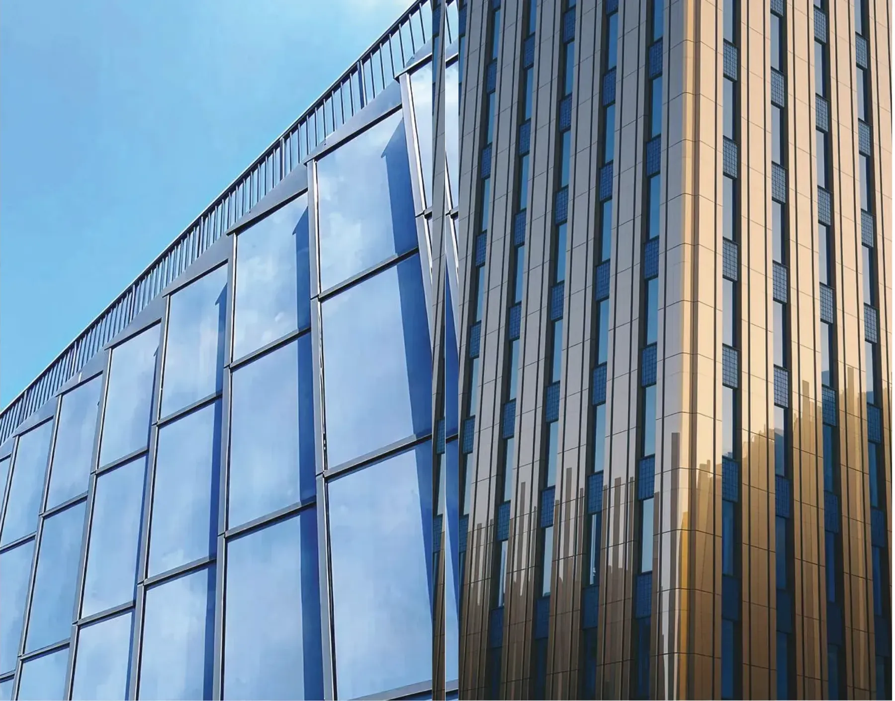 Modern building with a glass façade and golden vertical elements